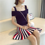 夏季新款韩版女一字领吊带露肩拼接条纹针织连衣裙修身中裙+G410