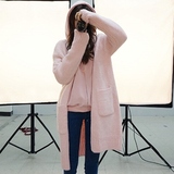 韩国代购2016春装女装小清新纯色大口袋中长款开衫针织衫外套