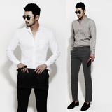 韩国代购男装韩版修身型商务休闲时尚纯色长袖男士衬衫2016春新款