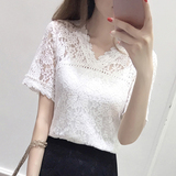范尼拉2016夏季新款女装V领白色短袖韩版显瘦蕾丝衫修身女式上衣