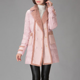 2015冬装新款韩版大码加厚棉衣女中长款毛绒翻领拼接PU皮棉服外套