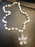 欧美新款时尚五叶花人造水晶珍珠长款项链韩国优雅毛衣链女小饰品