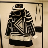 2015冬装新款女装中长款拼色几何羊毛呢大衣加厚外套保暖高领围脖