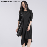 sdeer圣迪奥黑色连衣裙 秋装女装设计感拼接长袖连衣裙S16381234