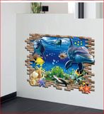 3D海豚海底总动员墙贴 客厅卧室瓷砖寝室创意装饰防水可移除贴画