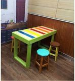 地中海实木餐桌凳组合 田园彩色松木书桌 电脑桌小户型餐桌咖啡桌