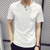 夏季短袖T恤男韩版修身纯白色上衣V领男装半袖体恤青年学生夏装潮
