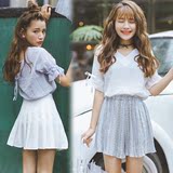 韩国甜美可爱气质超仙泡泡袖V领蝴蝶结系带纯色百搭雪纺衫女衬衣