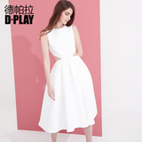 D－PLAY2016春夏欧美镂空露腰连衣裙高腰伞裙白色礼服裙
