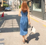 Cherrykoko韩国直发官网正品代购女装新款修身牛仔背带连衣裙pd