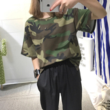 2016韩版夏季女装新款原宿风宽松前短后长帅气迷彩短袖T恤衫班服