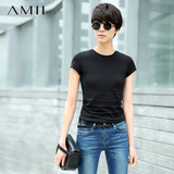 清仓Amii[极简主义]黑色修身显瘦百搭小圆领棉T恤短袖纯色上衣女