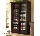 特价现货欧式美式实木橡木书柜书架 法式胡桃色移动门书柜定制