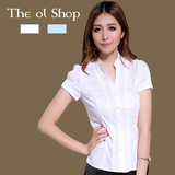 短袖衬衫 女衬衣夏季棉 白领白色立领修身OL通勤职业女装大码连体