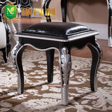 欧式梳妆凳 实木换鞋凳 矮凳 黑色皮艺凳子 法式化妆凳新古典家具