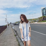 连衣裙女夏韩版中长款条纹假两件套装裙子 雪纺宽松短袖T恤裙短裙