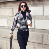 2015春秋新款韩版潮女修身高腰短款翻领格子羊毛呢子上衣毛呢外套