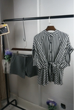 2016夏装新款韩国东大门蝙蝠袖黑白条纹衬衫宽松女式衬衫
