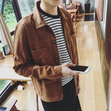 新款青年男外套韩版修身鹿麂皮绒修身短款学生时尚潮夹克上衣外套