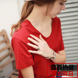 韩版短袖T恤女春夏季大码装T恤纯棉大红色圆领宽松款式上衣打底衫