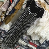 2016夏装韩版新款圆领黑色T+吊带格子百褶连衣长裙套装女两件套