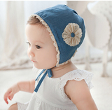 韩国女童宝宝女婴儿胎帽护耳帽纯棉蓝色花朵春秋外贸公主帽子K21