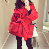 2015韩版廓形羊毛呢外套女中长款收腰系带宽松显瘦红呢子大衣加绒