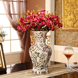 欧式仿古裂纹陶瓷台面花瓶美式彩绘花鸟高档餐桌摆件玄关门厅花器