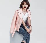 韩国东大门2015年冬季女装新款粉色女式皮衣外套拉链真皮女外套