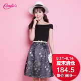 Candie's2016夏新款 韩版甜美印花一字领无袖露肩连衣裙30062101