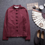 中国风男装 秋季立领中式纯色夹克衫棉麻复古盘扣麻布料汉服外套