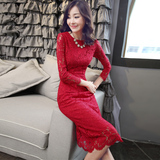 春夏装韩版镂空蕾丝连衣裙拼红色长袖蕾丝中长款打底圆领一步裙子