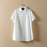 新款夏季方领拼接刺绣短袖开衫中长款纯棉女大码衬衣宽松衬衫F510
