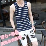 男士横条弹力背心运动无袖体恤套装夏季青少年韩版修身打底汗衫潮