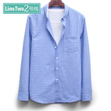linetwo2号线男士牛津纺条纹长袖衬衫扣领纯棉修身潮蓝色休闲衬衣