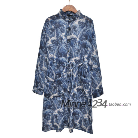 TSF设计感水墨画印花真丝雪纺口袋抽绳立领风