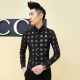 2016秋装新品 潮流韩版男士个性方格透视长袖衬衫