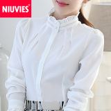 职业白色衬衫女2016春装新款韩版立领镶钻衬衣长袖修身雪纺衫上衣