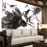 现代中式超高清手绘国画水墨荷花 鸟 黑白装饰背景墙墙纸定制壁画