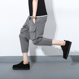 夏季新款大口袋工装裤男潮个性假两件七分韩版修身小脚运动休闲裤