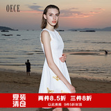 Oece2016夏装新款女装 清新圆领无袖蝴蝶刺绣连衣裙夏收腰