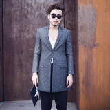 韩国新款欧美风简约中长款西装风衣外套男士英伦修身灰色西装风衣