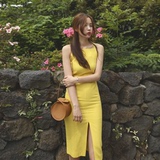 美丽女子!特韩国代购2016夏款好身材性感前开叉吊带连衣裙。