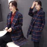 2016秋季新款女韩版西装领格子毛呢大衣中长款直筒双排扣呢子外套