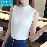2016夏季修身韩版冰丝针织衫背心百搭白色短款修身高领无袖T恤女