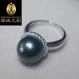 进口大溪地天然海水黑珍珠戒指18k白金镶钻正圆无瑕强光孔雀绿