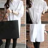 春季韩版新款大码女装口袋韩版中长款纯白色大码衬衣
