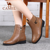Camel/骆驼女鞋 时尚英伦中筒靴 秋冬季款舒适牛皮平跟女靴
