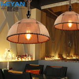 美式圆形餐厅吧台麻布艺灯罩麻绳吊灯北欧创意怀旧咖啡厅loft装饰