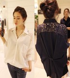 2016春夏装新款韩版个性宽松大码显瘦女士衬衣蕾丝打底衬衫上衣潮